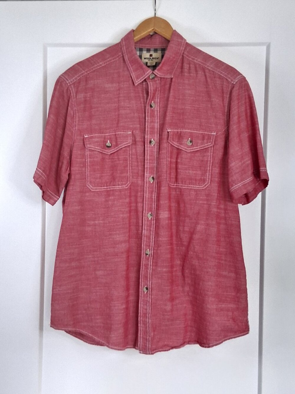 Woolrich Mens Large Red Chambray Shirt 100% Cotton Short Sleeve Utility Heritage